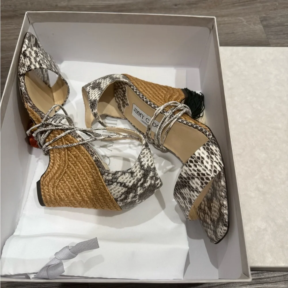 Jimmy Choo Deva 85 Roccia Snakeskin Leather Wrap Around Tassel Wedge Sandal